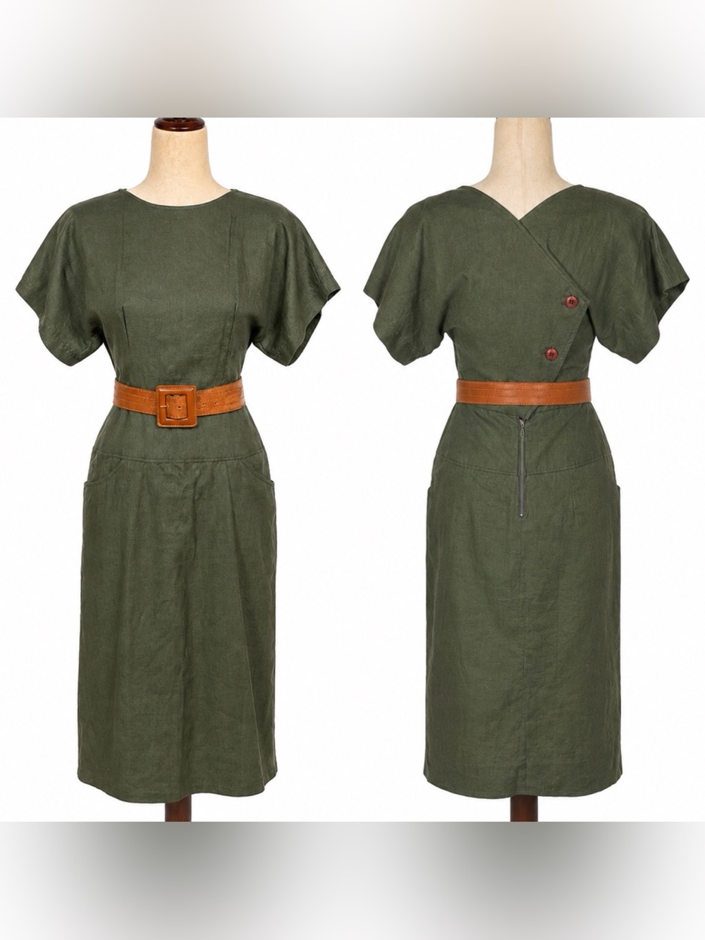 Vintage Olive Green Short-Sleeve Midi Dress w leather Belt, back button- zip. 4